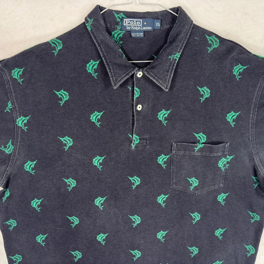 Vintage Polo Ralph Lauren Marlin Fish Print Polo Shirt XL Black Green Cotton